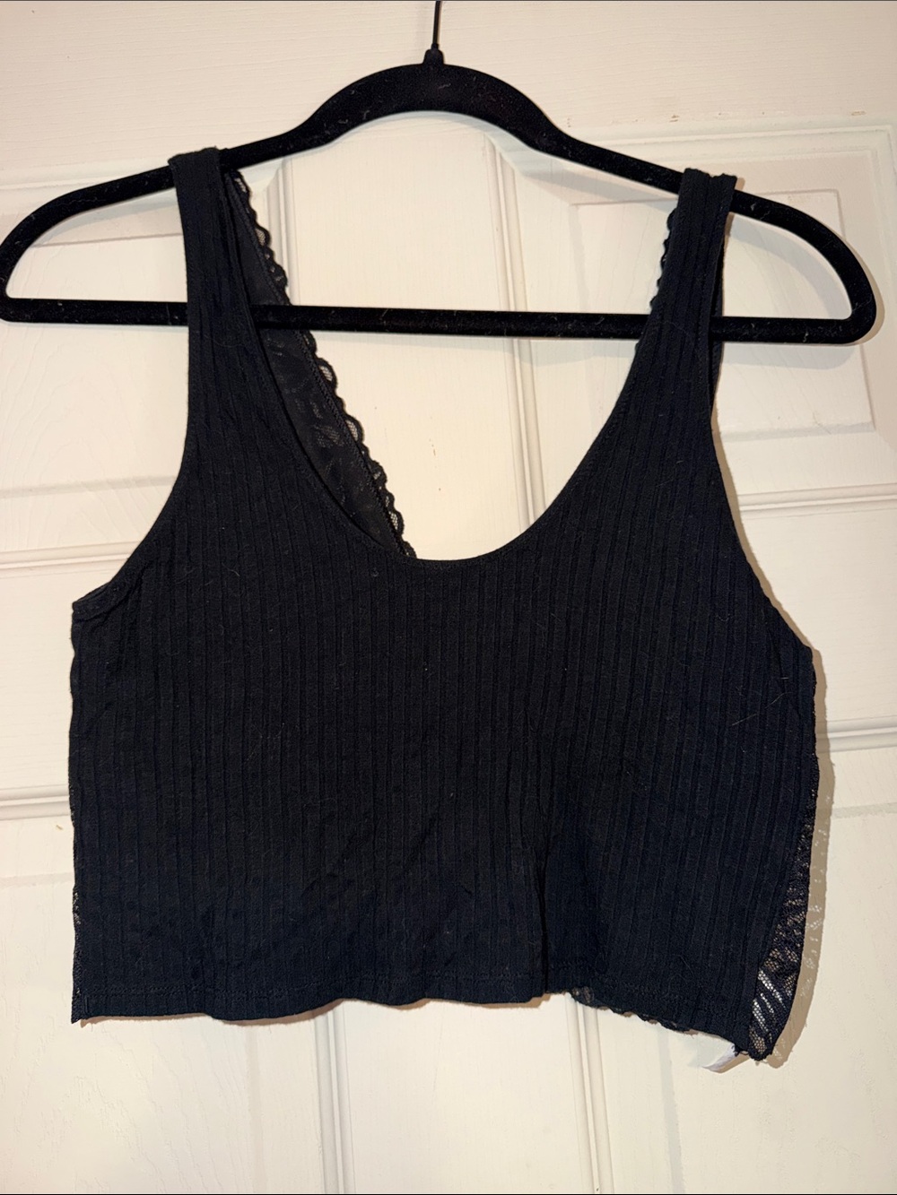 Aerie Black Ribbed Lace-Trim Tank Top - Women